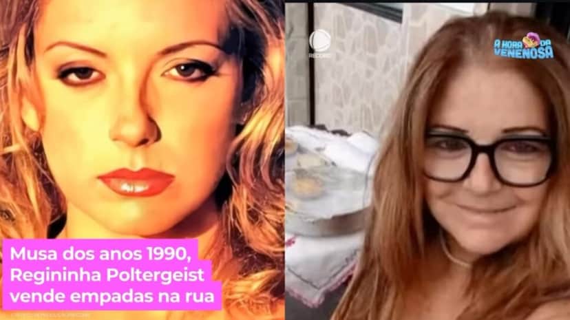 Regininha Poltergeist no auge do sucesso e ao lado vendendo empadas (Fotos: Reprodução/ R7/ Montagem) Regininha Poltergeist no auge do sucesso e ao lado vendendo empadas (Fotos: Reprodução/ R7/ Montagem)