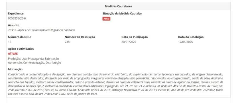 Resolução da ANVISA contra a Lipomagry, em janeiro de 2025, pt 1 (Foto Reprodução/ANVISA) Resolução da ANVISA contra a Lipomagry, em janeiro de 2025, pt 1 (Foto Reprodução/ANVISA)