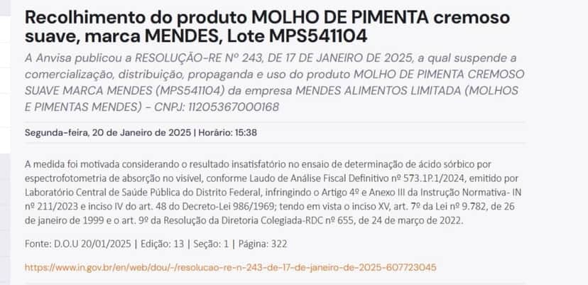 Resolução da ANVISA contra a marca de pimenta (Foto Reprodução/ANVISA) Resolução da ANVISA contra a marca de pimenta (Foto Reprodução/ANVISA)