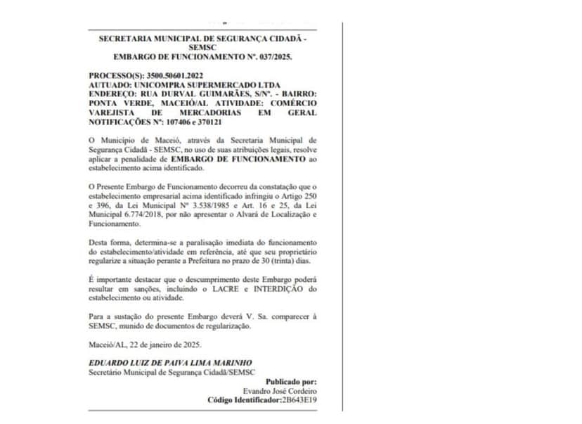 Documento da interdição da unidade do Unicompra, em Maceió (Foto Reprodução/DOU)