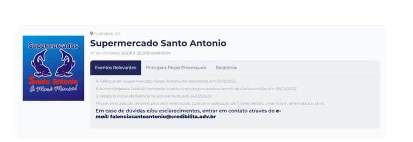 Processo da falência divulgado pela Credibilita (Foto Reprodução/Credibilita) Processo da falência divulgado pela Credibilita (Foto Reprodução/Credibilita)