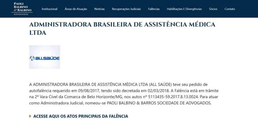 Anúncio sobre a falência da ALL Saúde no site oficial dos advogados representantes (Foto Reprodução/Paolli)
