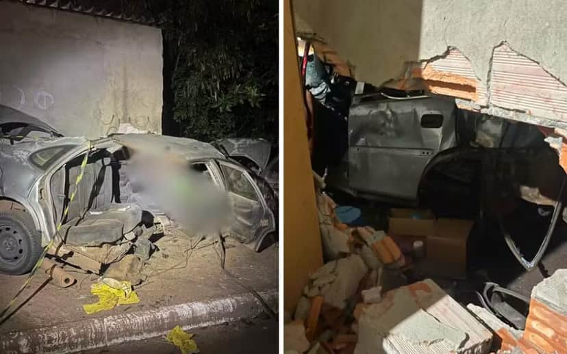 Carro fica partido ao meio após capotar e colidir contra o muro de uma casa, em Goiânia — Foto: Divulgação/Polícia Civil Carro fica partido ao meio após capotar e colidir contra o muro de uma casa, em Goiânia — Foto: Divulgação/Polícia Civil