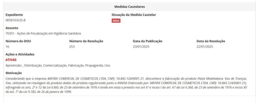 Resolução da ANVISA contra falsificação da Pasta modeladora: Vou de tranças Fixe PARTE 2 (Foto Reprodução/ANVISA) Resolução da ANVISA contra falsificação da Pasta modeladora: Vou de tranças Fixe PARTE 2 (Foto Reprodução/ANVISA)