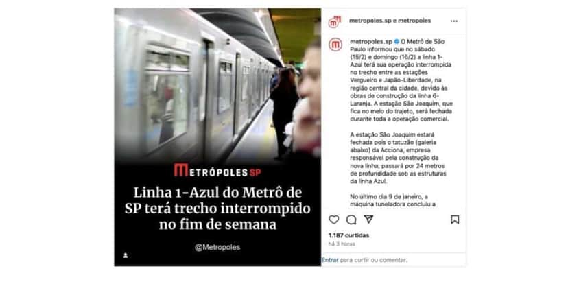 Notícia do metrô (Foto: Reprodução / Instagram) Notícia do metrô (Foto: Reprodução / Instagram)