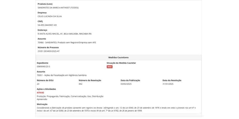Proibição Anvisa contra saneantes (Foto: Reprodução / site oficial) Proibição Anvisa contra saneantes (Foto: Reprodução / site oficial)