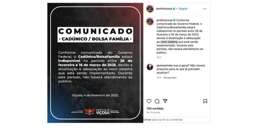 Publicação Prefeitura de Viçosa (Foto: Reprodução / Instagram) Publicação Prefeitura de Viçosa (Foto: Reprodução / Instagram)