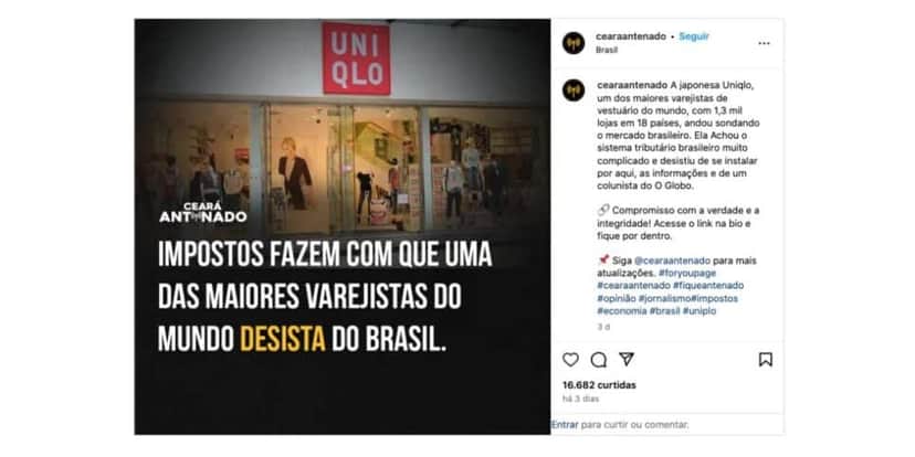 Publicação sobre a Uniqlo (Foto: Reprodução / Instagram) Publicação sobre a Uniqlo (Foto: Reprodução / Instagram)
