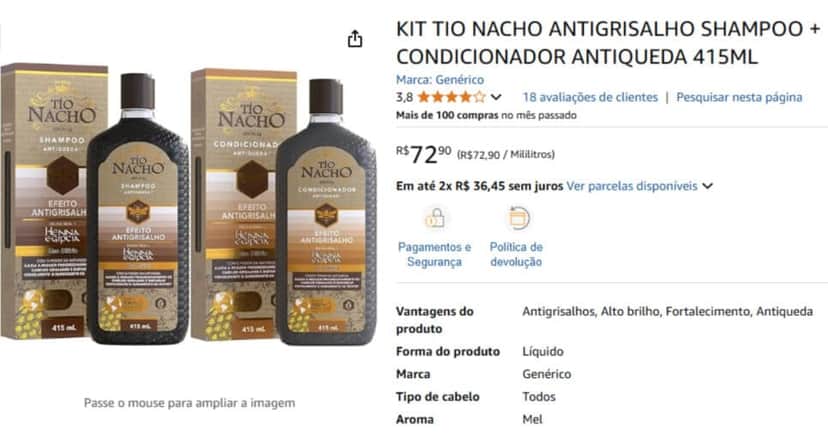 Shampoo e condicionador Tío Nacho antigrisalhos (Foto: Amazon) Shampoo e condicionador Tío Nacho antigrisalhos (Foto: Amazon)