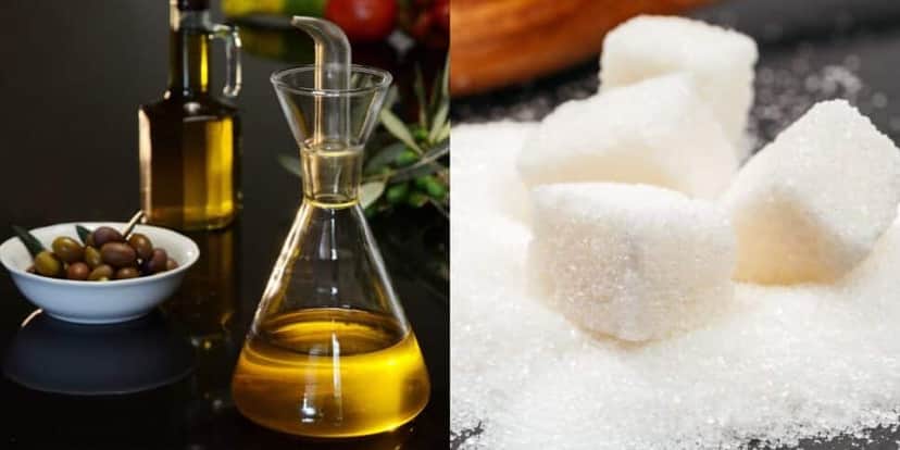 Azeite e açúcar para esfoliar a pele (Reprodução: Montagem TV Foco) Azeite e açúcar para esfoliar a pele (Reprodução: Montagem TV Foco)