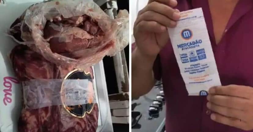 Carne estragada exposta pelo jornalista (Foto Reprodução/Montagem/Tv Foco/Redes Sociais) Carne estragada exposta pelo jornalista (Foto Reprodução/Montagem/Tv Foco/Redes Sociais)
