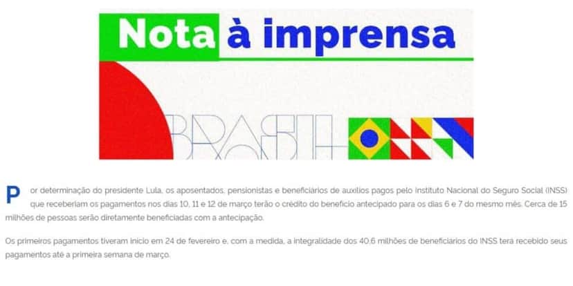 Comunicado do INSS confirmando a antecipação (Reprodução: Governo) Comunicado do INSS confirmando a antecipação (Reprodução: Governo)