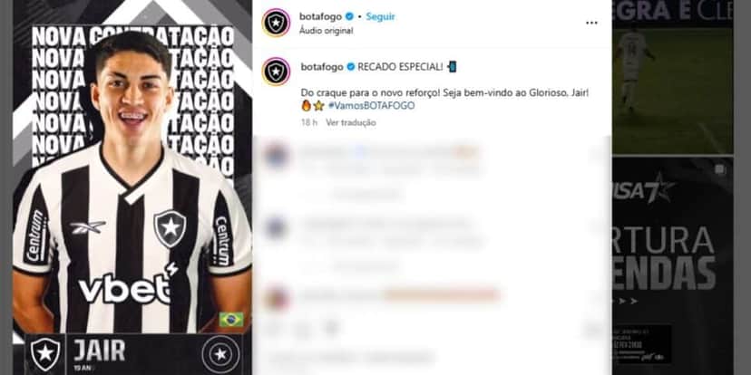 Anúncio do Botafogo sobre a chegada de Jair (Reprodução: Instagram) Anúncio do Botafogo sobre a chegada de Jair (Reprodução: Instagram)