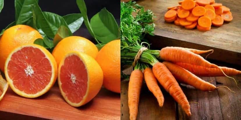Laranja e cenoura auxiliam na produção do colágeno (Reprodução: Montagem TV Foco) Laranja e cenoura auxiliam na produção do colágeno (Reprodução: Montagem TV Foco)