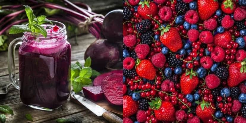 Suco de beterraba com frutas vermelhas (Reprodução: Montagem TV Foco) Suco de beterraba com frutas vermelhas (Reprodução: Montagem TV Foco)