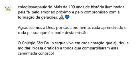 13 de dezembro de 2024 foi a última publicação do colégio nas redes sociais (Foto: Reprodução / Instagram)