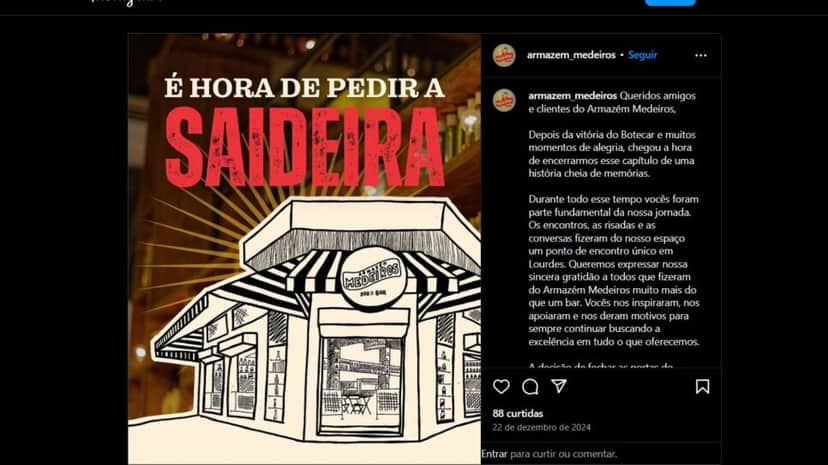 Mensagem de adeus do Armazém Medeiros (Foto Reprodução/Instagram) Mensagem de adeus do Armazém Medeiros (Foto Reprodução/Instagram)