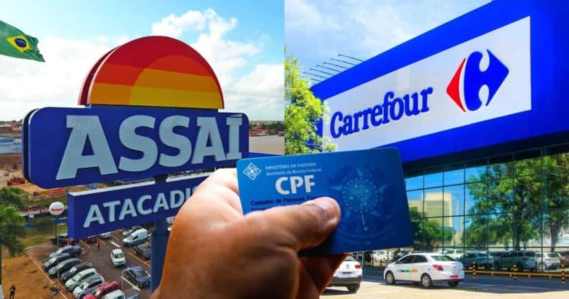 Assaí, homem segurando CPF e Carrefour (Fotos: Reproduções / Internet / Canva)