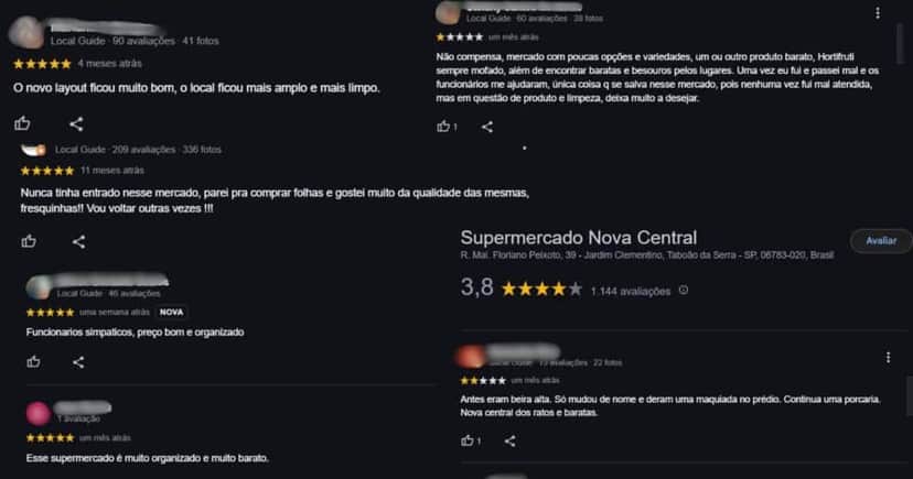 Avaliações positivas e negativas sobre o supermercado atualmente (Foto Reprodução/Montagem/Tv Foco/Maps) Avaliações positivas e negativas sobre o supermercado atualmente (Foto Reprodução/Montagem/Tv Foco/Maps)