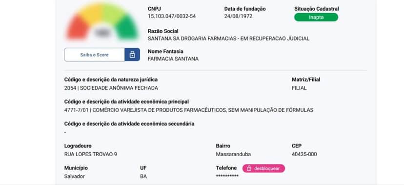 Situação cadastral do CNPJ da rede (Foto Reprodução/Serasa) Situação cadastral do CNPJ da rede (Foto Reprodução/Serasa)