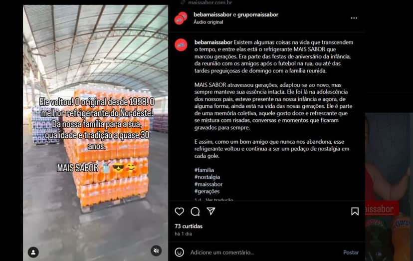 Postagem da Mais Sabor sobre sua linha de refrigerantes, retomando a sua importância para o setor de bebidas no Brasil (Foto Reprodução/Instagram) Postagem da Mais Sabor sobre sua linha de refrigerantes, retomando a sua importância para o setor de bebidas no Brasil (Foto Reprodução/Instagram)