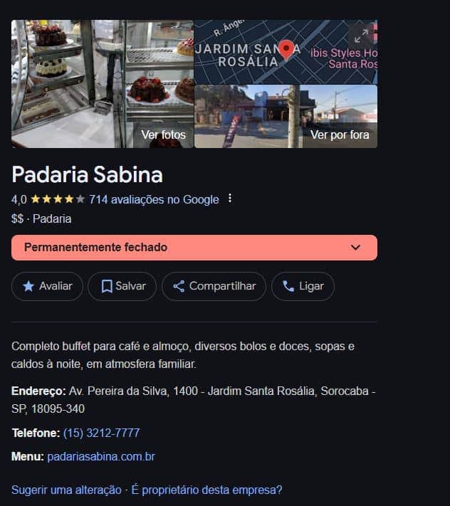 Padaria Sabina nas pesquisas do Google (Foto Reprodução/Maps) Padaria Sabina nas pesquisas do Google (Foto Reprodução/Maps)