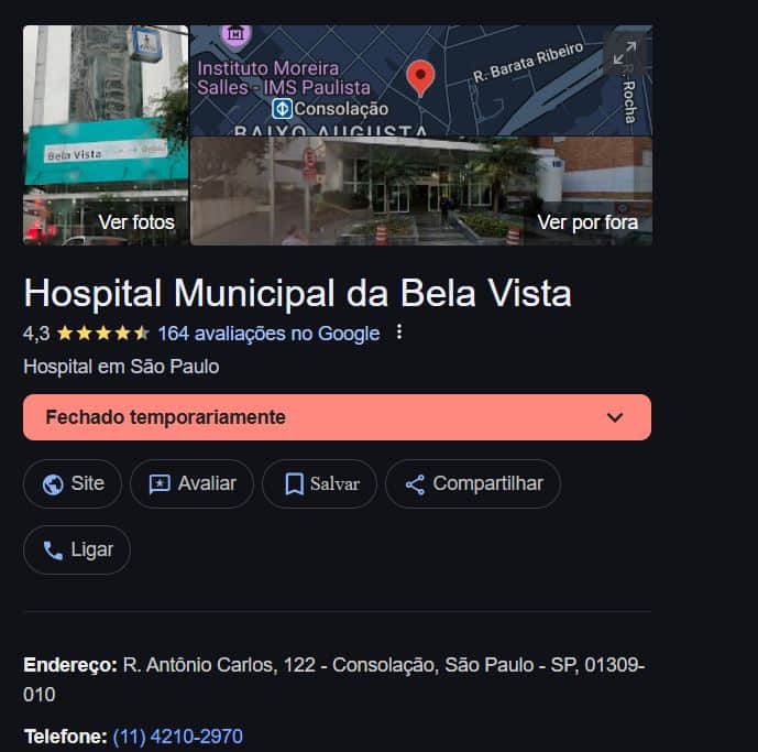 Status do Hospital Bela Vista no Google (Foto Reprodução/Maps) Status do Hospital Bela Vista no Google (Foto Reprodução/Maps)