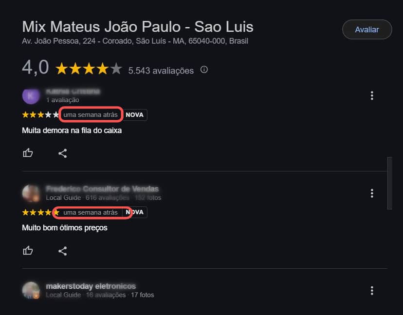 Avaliações recentes da rede também aparecem (Foto Reprodução/Maps)