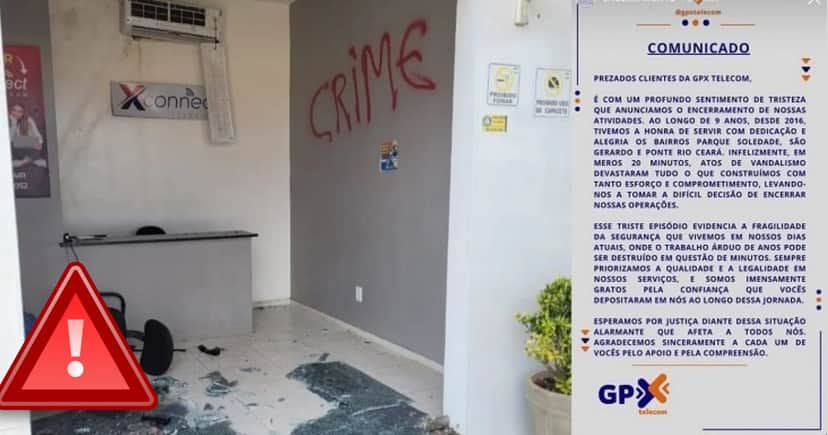 Comunicado da GPX Telecon e empresa vandalizada (Foto Reprodução/Montagem/Minha Operadora) Comunicado da GPX Telecon e empresa vandalizada (Foto Reprodução/Montagem/Minha Operadora)