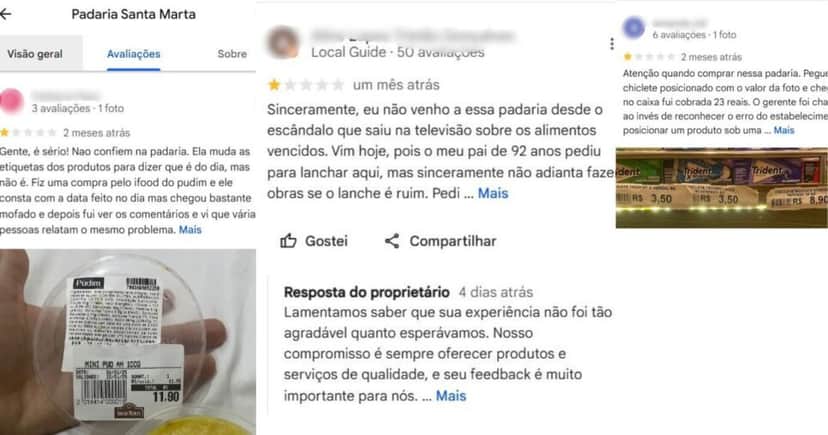 Avaliações contra a padaria Santa Marta (Foto Reprodução/Montagem/Tv Foco/Canva)
