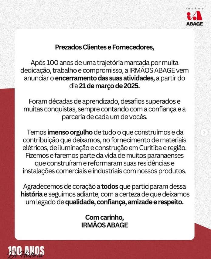 Comunicado oficial do Grupo Irmãos Abage (Foto: Reprodução / Instagram) Comunicado oficial do Grupo Irmãos Abage (Foto: Reprodução / Instagram)