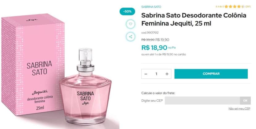 Perfume da Sabrina Sato no site oficial da Jequiti (Foto Reprodução/Jequiti) Perfume da Sabrina Sato no site oficial da Jequiti (Foto Reprodução/Jequiti)