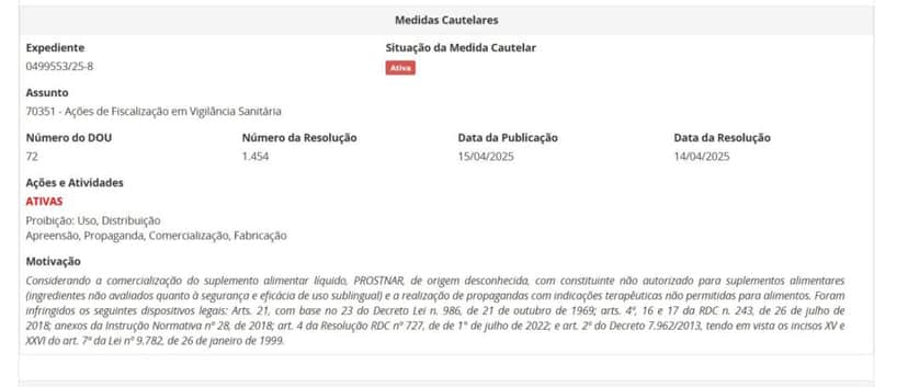 Proibição da ANVISA contra a PROSTNAR pt 1 (Foto Reprodução/ANVISA) Proibição da ANVISA contra a PROSTNAR pt 1 (Foto Reprodução/ANVISA)