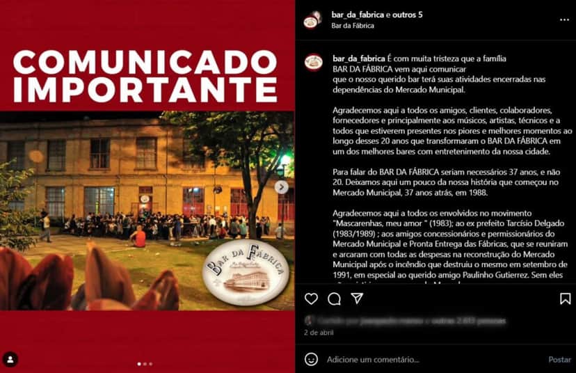 Comunicado do Bar e Restaurante da Fábrica nas redes sociais (Foto Reprodução/Instagram)