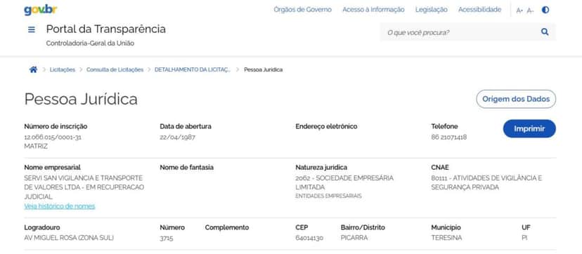 Portal da Transparência indica que a empresa ainda está em Recuperação Judicial de fato (Foto Reprodução/GOV) Portal da Transparência indica que a empresa ainda está em Recuperação Judicial de fato (Foto Reprodução/GOV)