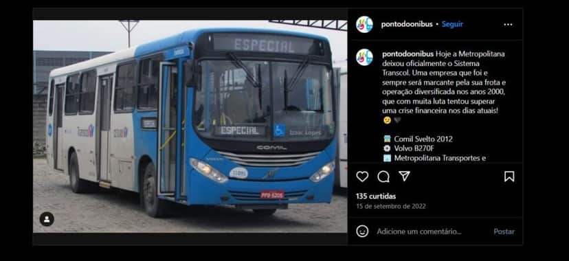 Postagem sobre o fim da Metropolitana no sistema Transcol (Foto Reprodução/Instagram)