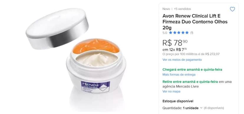 Renew Clinical com efeito lifting vendido a quase R$80 no Mercado Livre (Foto Reprodução/Site oficial do ML) Renew Clinical com efeito lifting vendido a quase R$80 no Mercado Livre (Foto Reprodução/Site oficial do ML)
