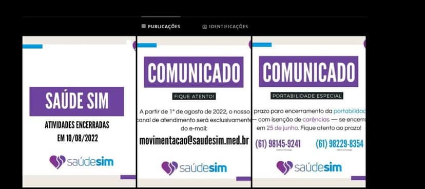 Comunicados sobre o fim de atividades do plano Saúde Sim pelas redes sociais (Foto Reprodução/Instagram) Comunicados sobre o fim de atividades do plano Saúde Sim pelas redes sociais (Foto Reprodução/Instagram)