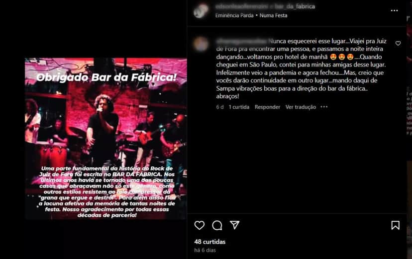 Nota de agradecimento um frequentador em homenagem ao Bar da Fábrica pelo Instagram (Foto Reprodução/Instagram)