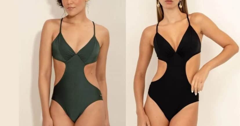 Estilo engana mamãe de maiô, ele possui uma parte de tecido que esconde a barriga na frente, mas atrás tem o estilo de bikini (Foto Reprodução/Montagem/Tv Foco/Cila) Estilo engana mamãe de maiô, ele possui uma parte de tecido que esconde a barriga na frente, mas atrás tem o estilo de bikini (Foto Reprodução/Montagem/Tv Foco/Cila)