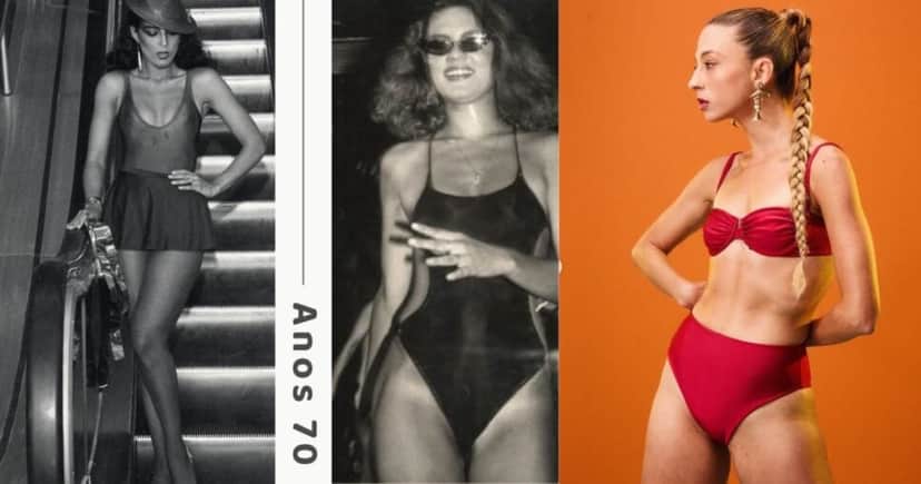 Cila na década de 70 com o maiô engana -mamãe/ ultima coleção lançada pela marca pelo título "Sempre Viva" (Foto Reprodução/Montagem/Tv Foco/Instagram) Cila na década de 70 com o maiô engana -mamãe/ ultima coleção lançada pela marca pelo título "Sempre Viva" (Foto Reprodução/Montagem/Tv Foco/Instagram)