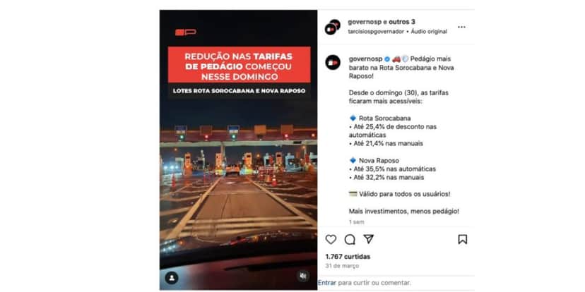 Redução em pedágios (Foto: Reprodução / Instagram) Redução em pedágios (Foto: Reprodução / Instagram)