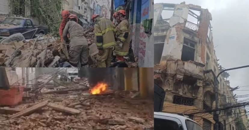 Imagens do Globocop com os destroços da demolição e desabamento (Foto Reprodução/Montagem/Tv Foco/Globo) Imagens do Globocop com os destroços da demolição e desabamento (Foto Reprodução/Montagem/Tv Foco/Globo)