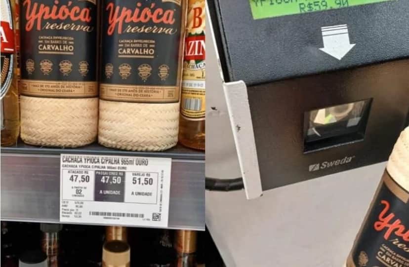 Cachaça com preço errado na prateleira e no caixa (Foto: Reprodução / Procon - GO) Cachaça com preço errado na prateleira e no caixa (Foto: Reprodução / Procon - GO)