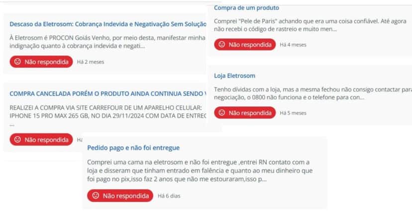 Reclamações recentes contra a Eletrosom (Foto Reprodução/Reclame Aqui) Reclamações recentes contra a Eletrosom (Foto Reprodução/Reclame Aqui)