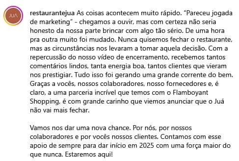 Comunicado oficial do Restaurante Juá (Foto: Reprodução / Instagram) Comunicado oficial do Restaurante Juá (Foto: Reprodução / Instagram)