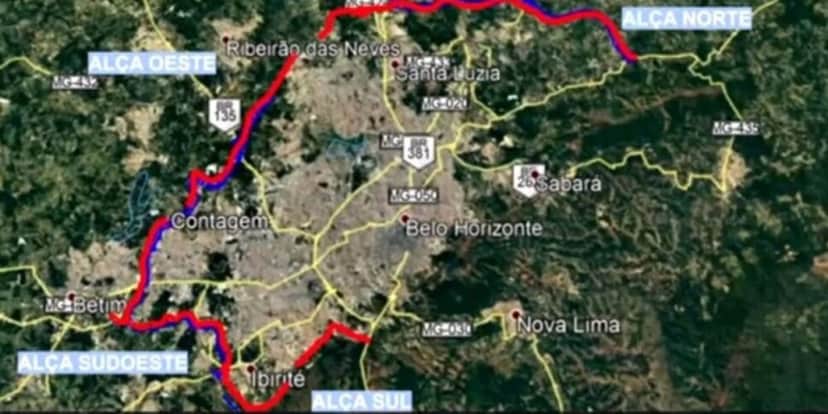 Traçado do rodoanel de Belo Horizonte (Reprodução: Internet) Traçado do rodoanel de Belo Horizonte (Reprodução: Internet)