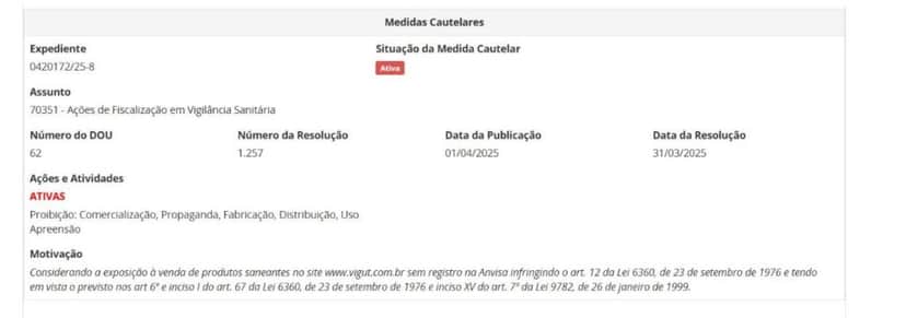 Resolução da ANVISA pt 1 contra a marga Vignut (Foto Reprodução/ANVISA) Resolução da ANVISA pt 1 contra a marga Vignut (Foto Reprodução/ANVISA)