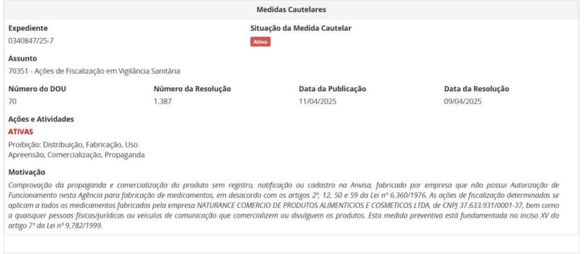 Resolução da ANVISA pt 1 contra lotes de colágeno (Foto Reprodução/ANVISA) Resolução da ANVISA pt 1 contra lotes de colágeno (Foto Reprodução/ANVISA)