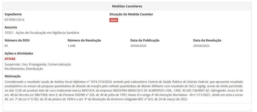 Proibição contra lote do Leite de coco Mococa PT 1 (Foto Reprodução/ANVISA)